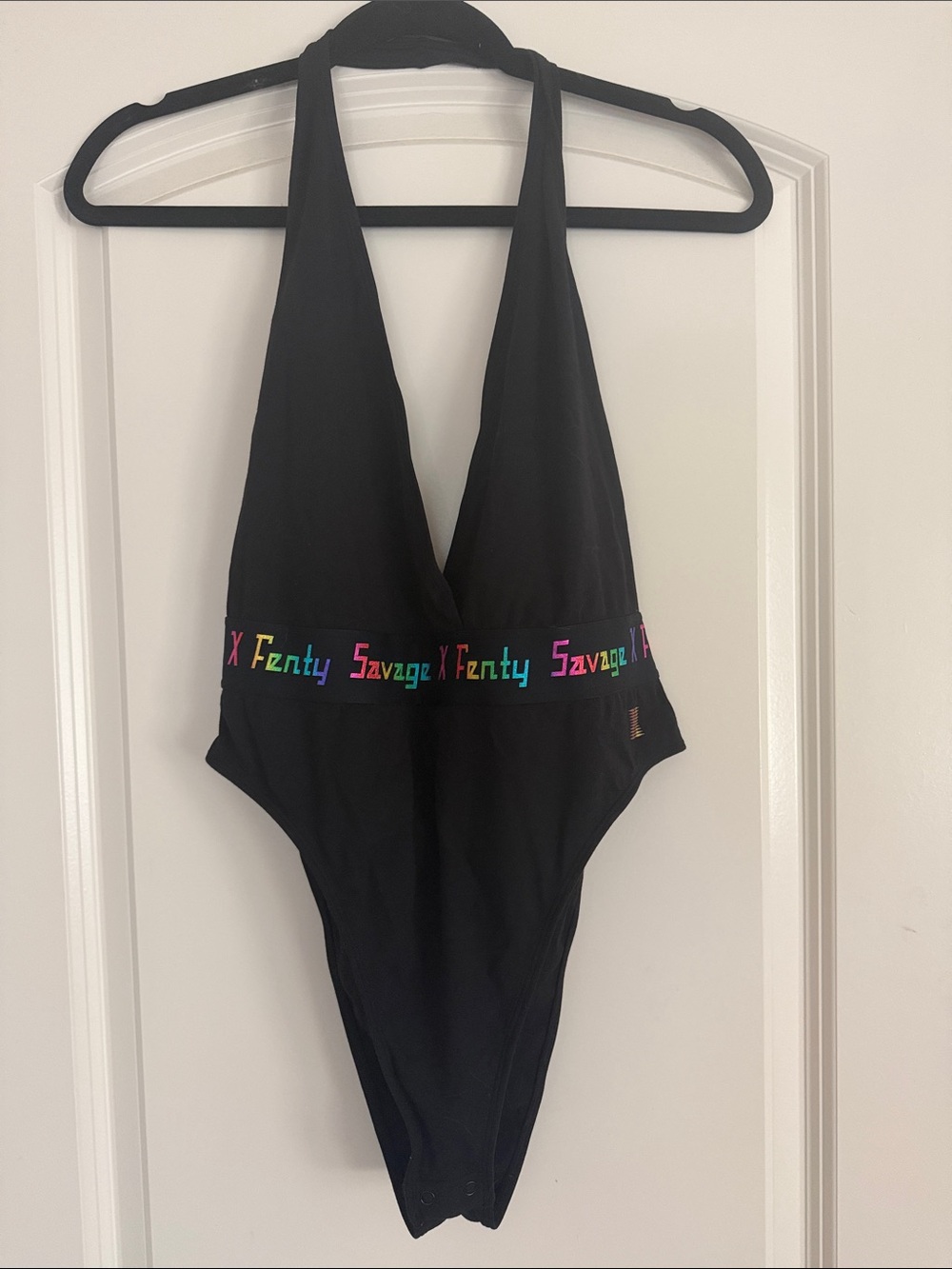 Savage X Fenty Black Halter One-Piece with Rainbow Logo Band